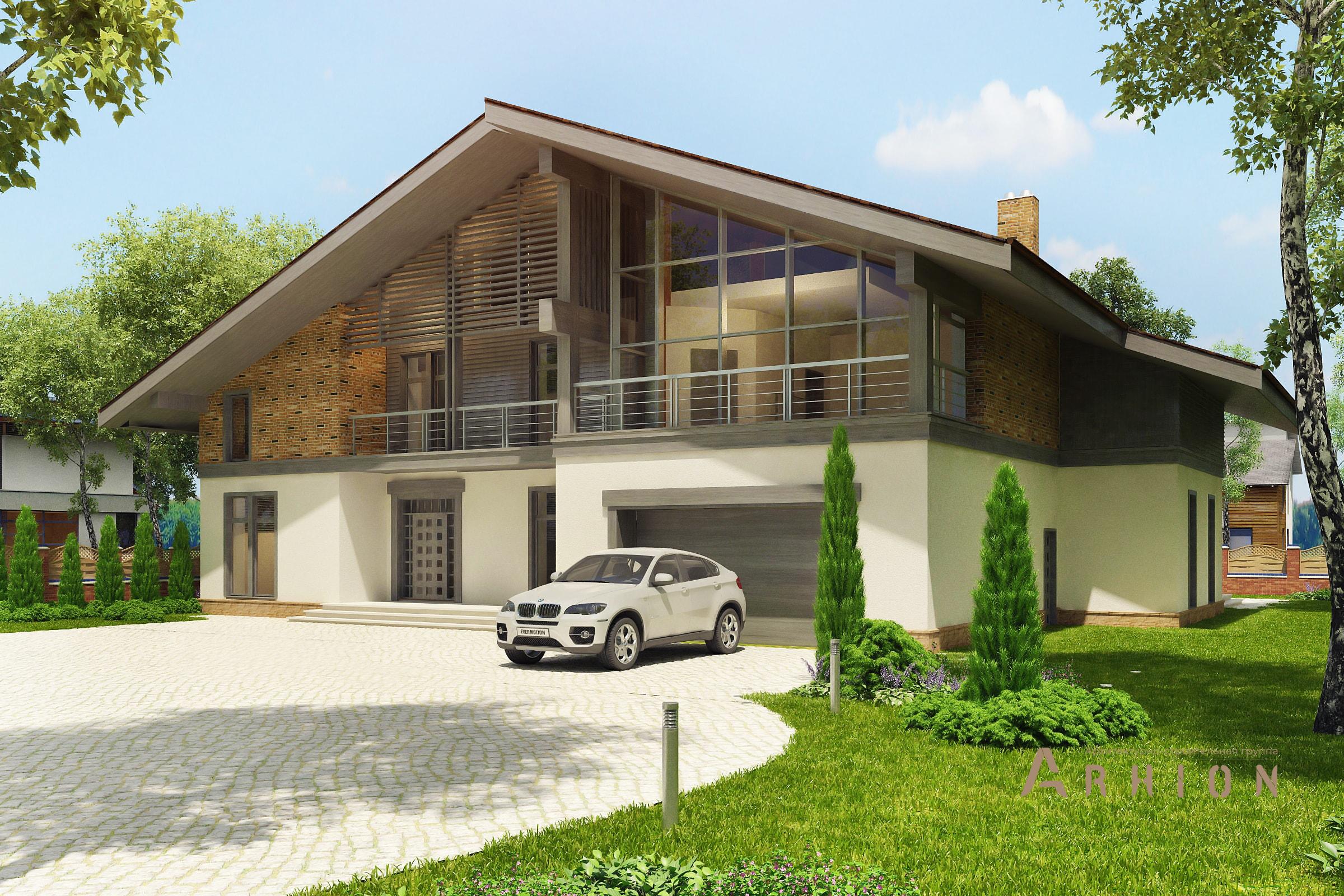 4. Проект двухэтажного дома в стиле шале с двускатной кровлей, av-650, площадью - 650 кв c цокольным этажом, мансардой, сауной, терассой, балконом, гаражом, эркером, вторым светом